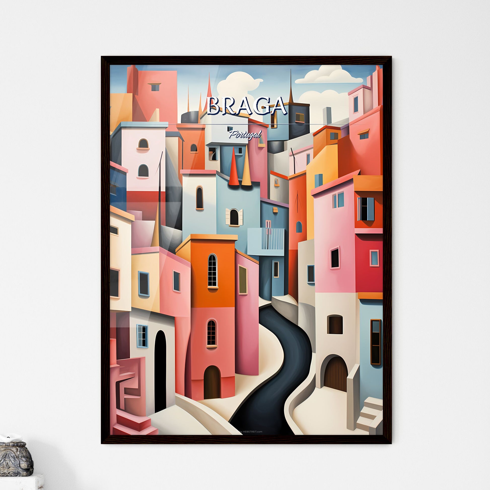 Braga, Portugal - Art print of a colorful city with a winding road Framed Art
