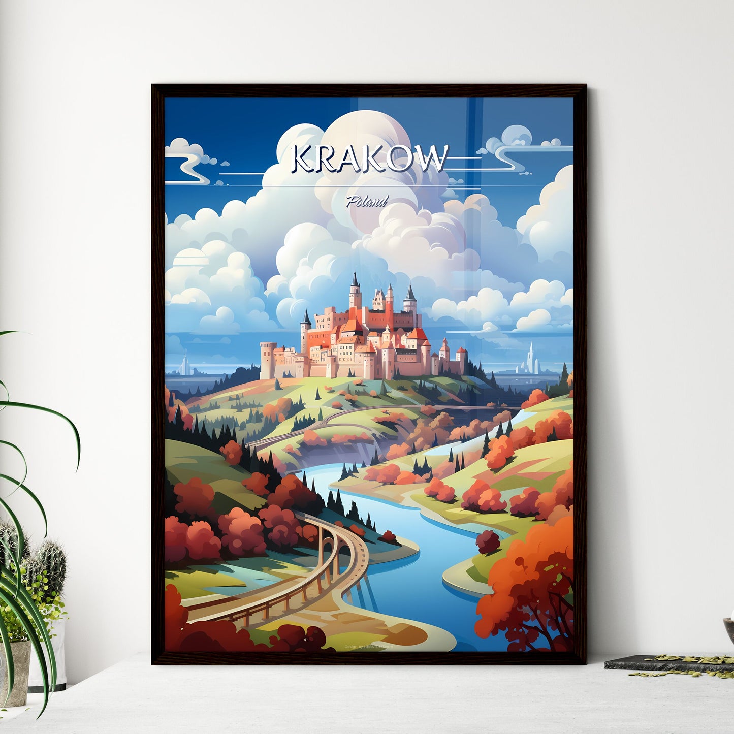 Krakow, Poland - Art print of a castle on a hill with a river and trees Framed Art