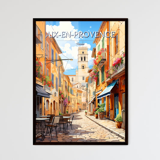 Aix-en-Provence, France - Art print of a street with tables and chairs and a tower Framed Art