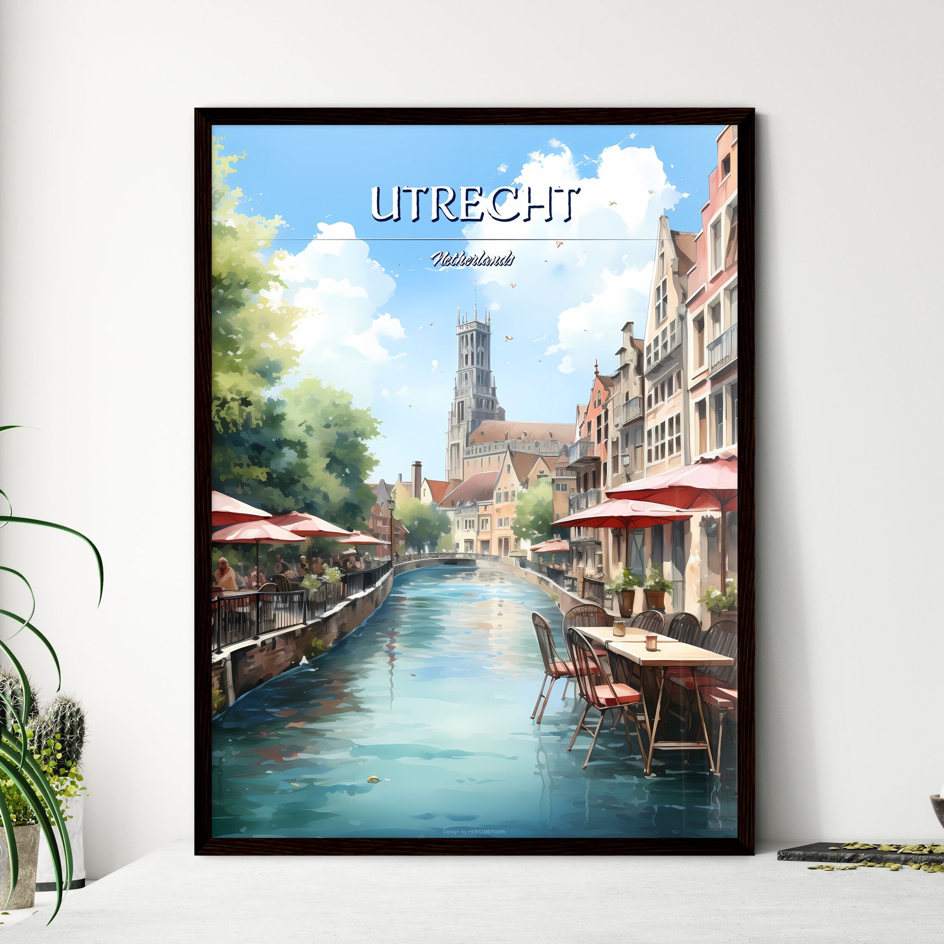 Utrecht, Netherlands - Art print of a water canal with tables and umbrellas Framed Art