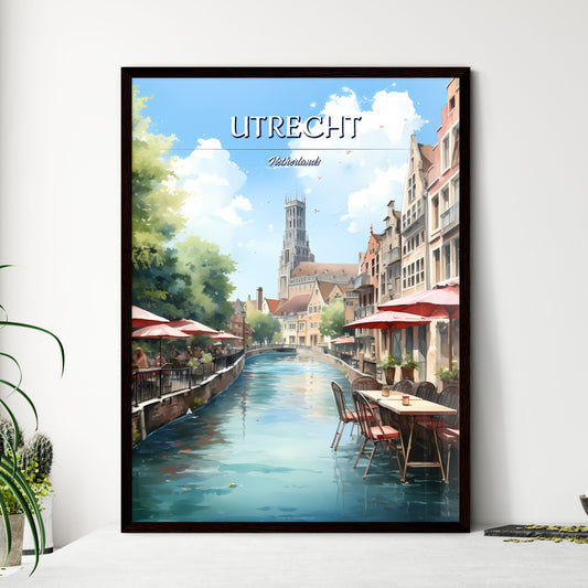 Utrecht, Netherlands - Art print of a water canal with tables and umbrellas Framed Art