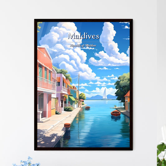 Maldives, Republic of Maldives - Art print of a water way with a row of houses and a boat Framed Art