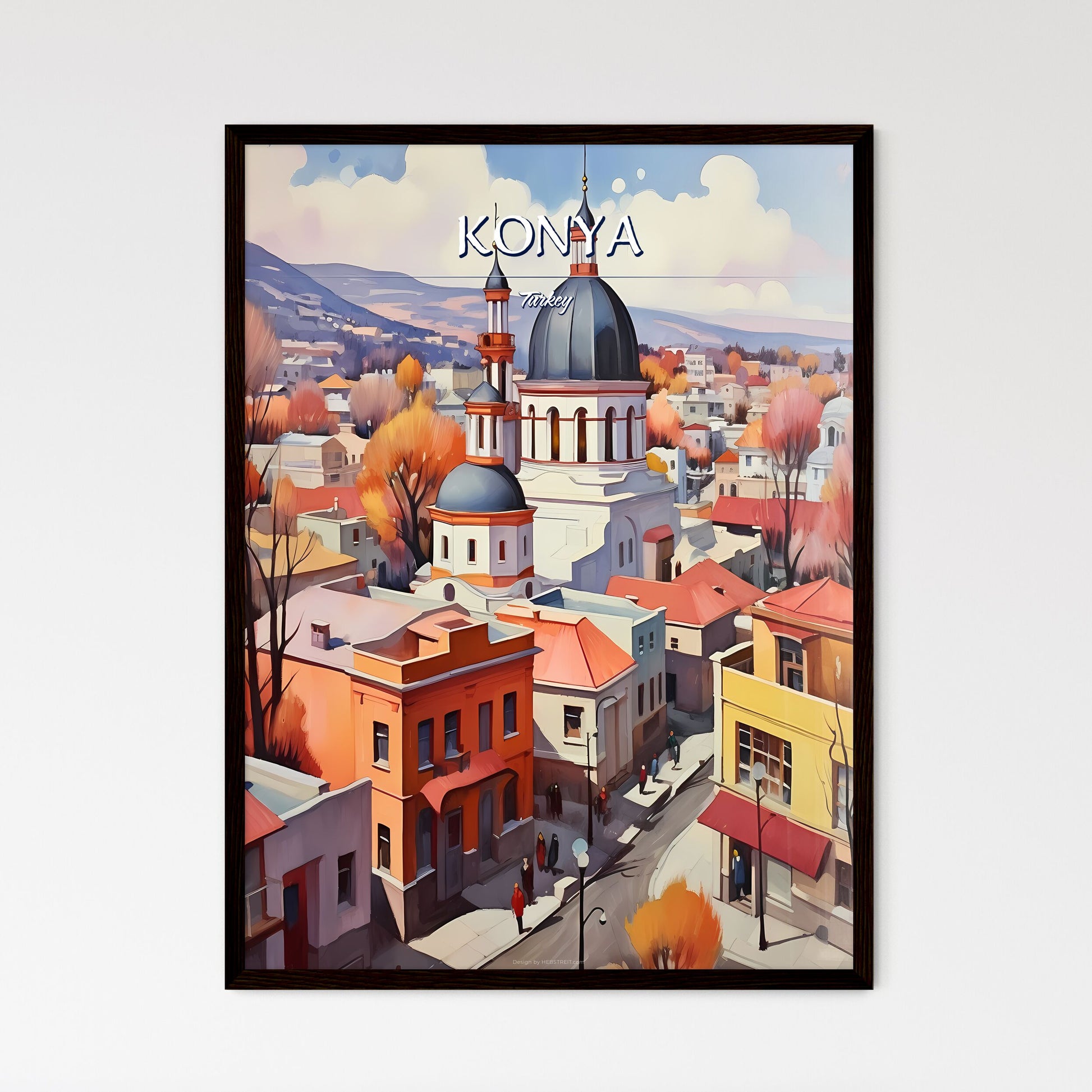 Konya, Turkey - Art print of a painting of a city with a dome shaped building Framed Art