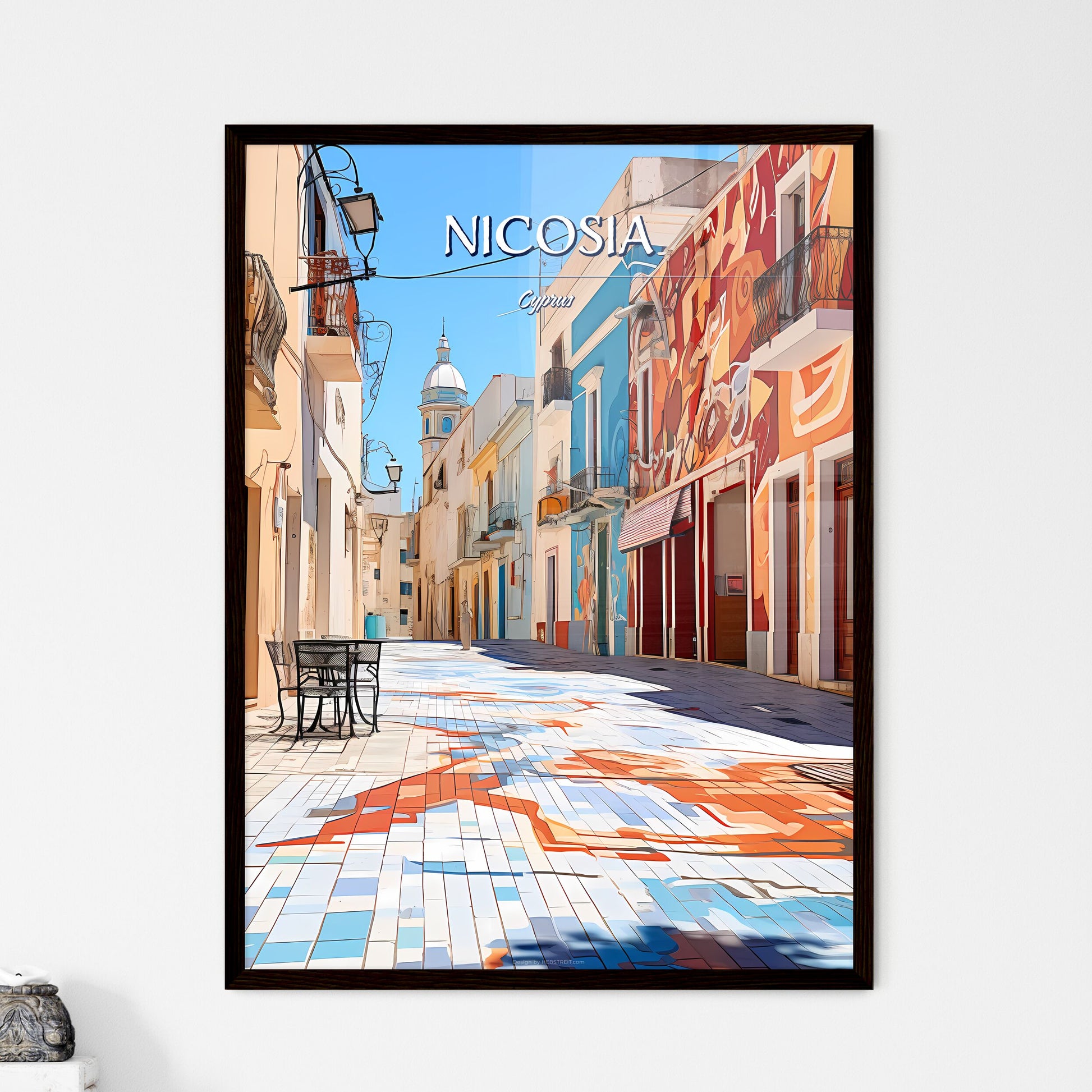 Nicosia, Cyprus - Art print of a street with colorful buildings and a table Framed Art