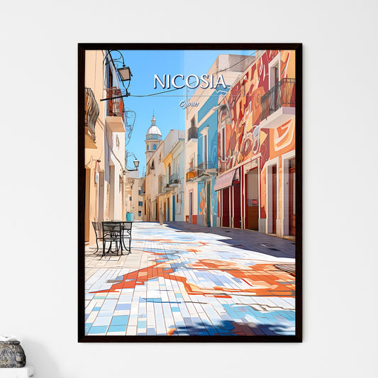 Nicosia, Cyprus - Art print of a street with colorful buildings and a table Framed Art