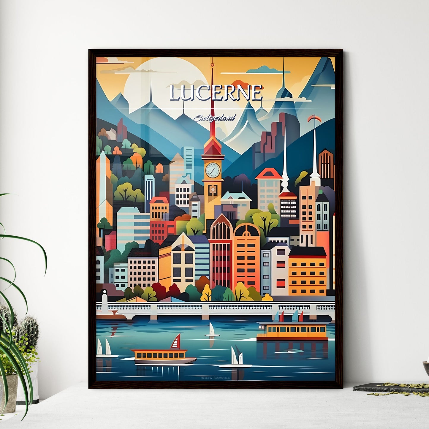 Lucerne, Switzerland - Art print of a city with a clock tower and boats Framed Art