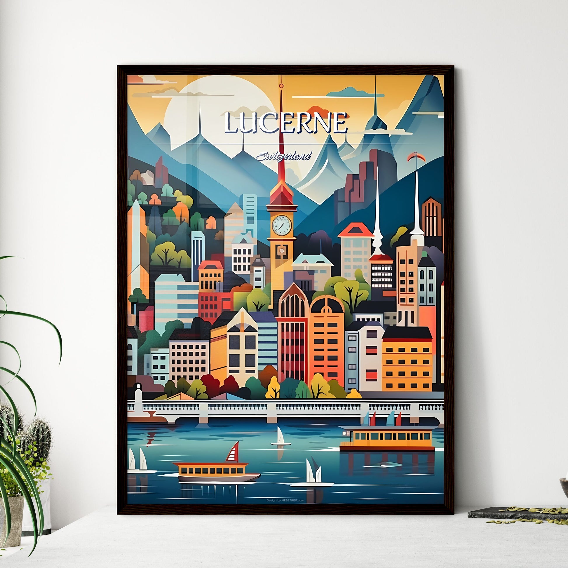 Lucerne, Switzerland - Art print of a city with a clock tower and boats Framed Art