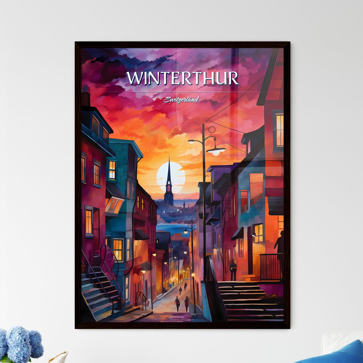 Winterthur, Switzerland - Art print of a colorful city street with a tower in the background Default Title