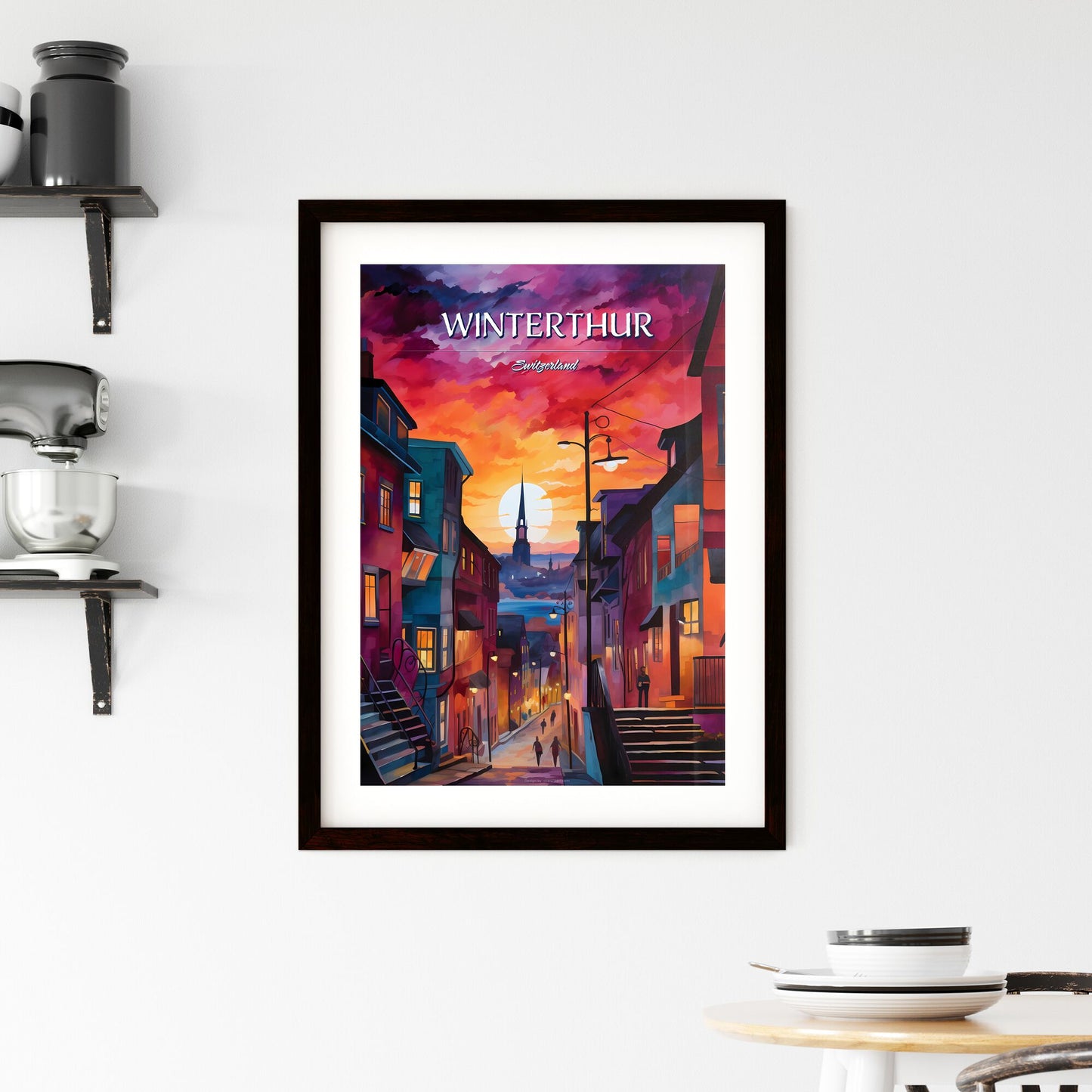Winterthur, Switzerland - Art print of a colorful city street with a tower in the background Default Title