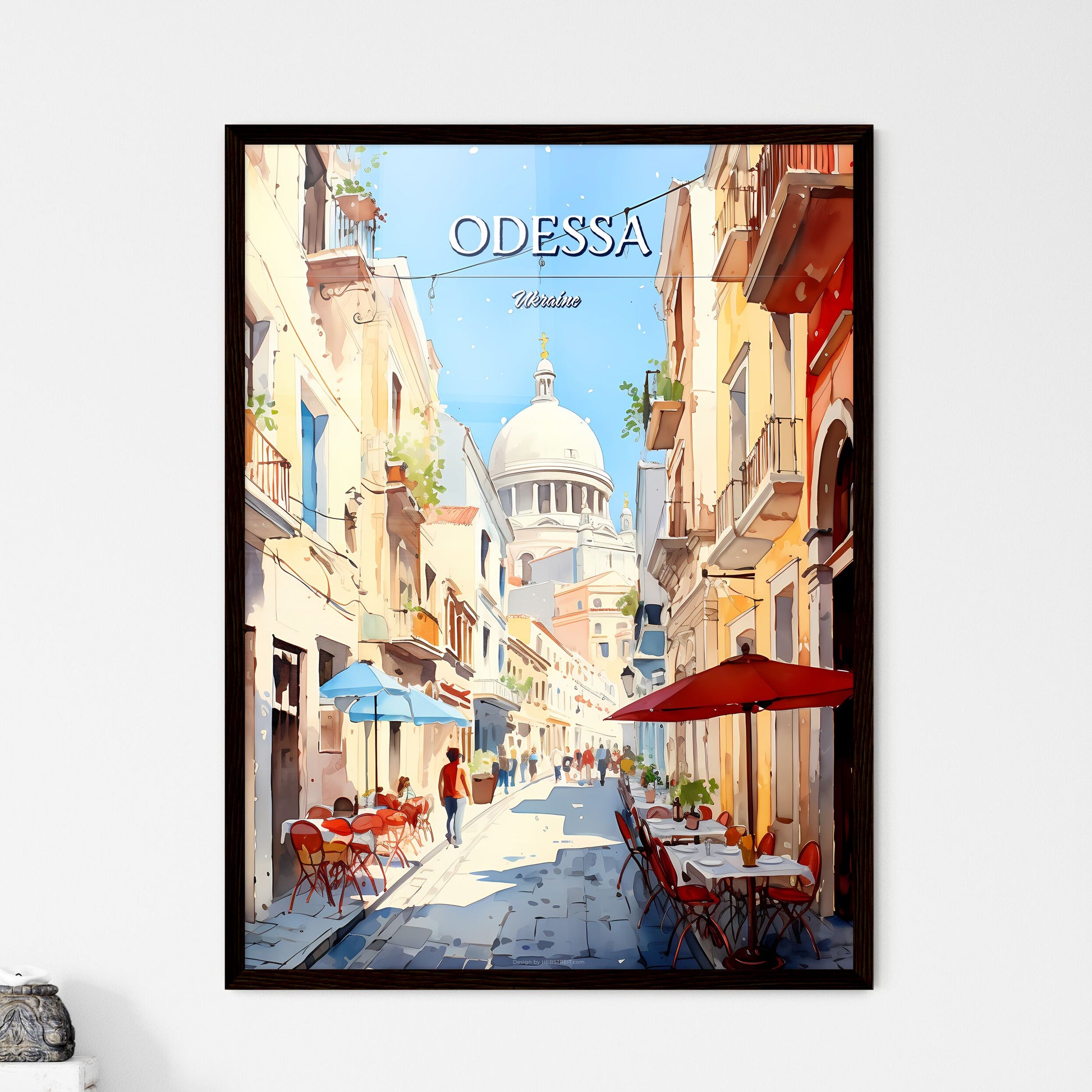 Odessa, Ukraine - Art print of a street with tables and chairs in front of a dome Framed Art