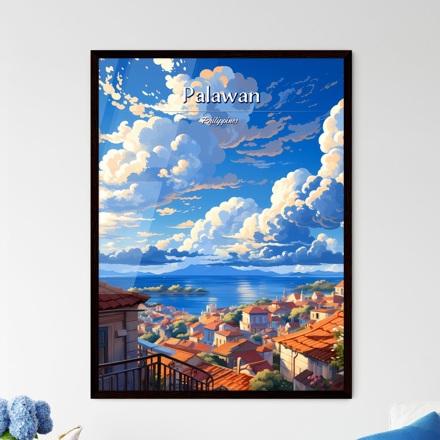 On the roofs of Palawan, Philippines - Art print of a city with red roofs and blue sky with clouds Framed Art