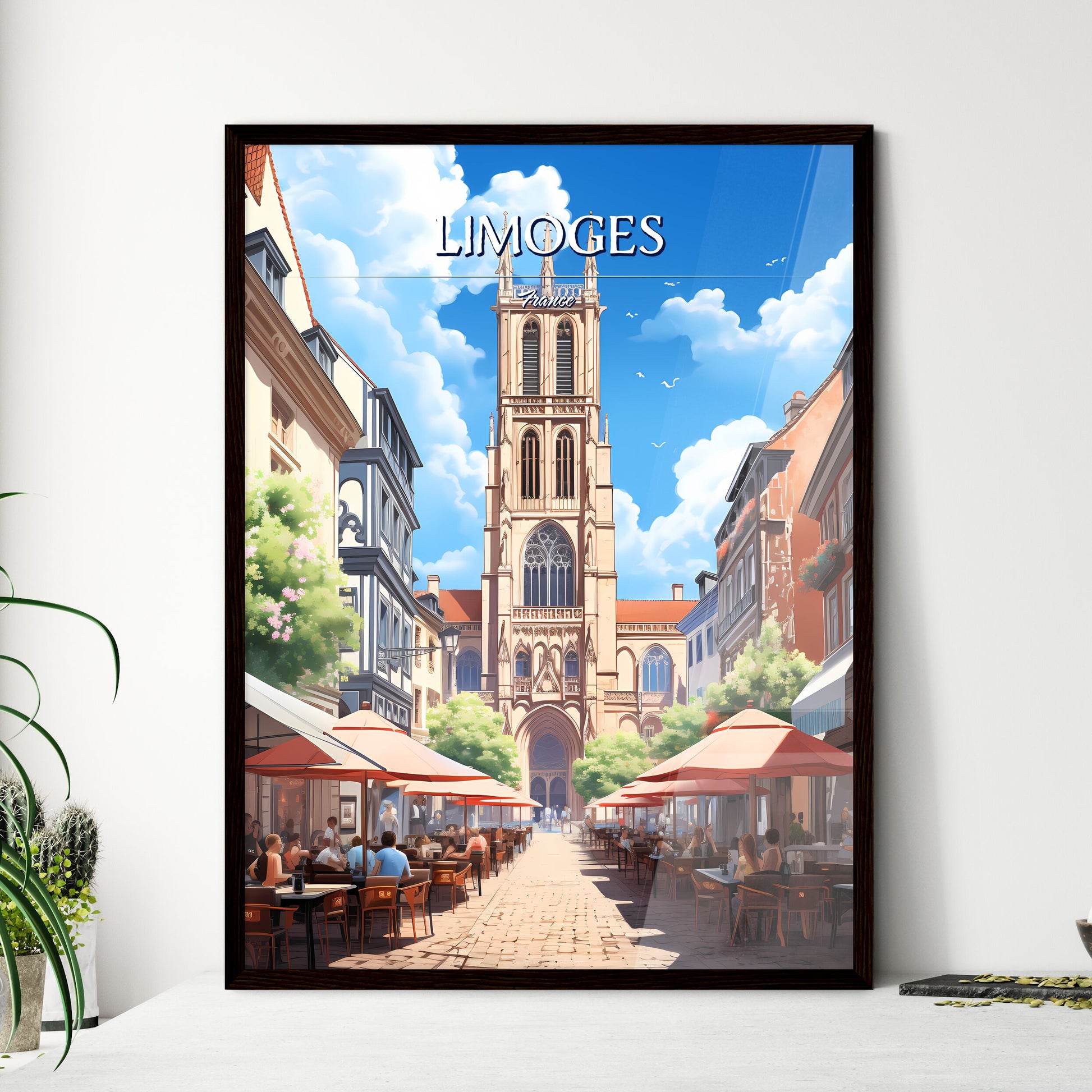 Limoges, France - Art print of a street with tables and people sitting at tables outside Framed Art