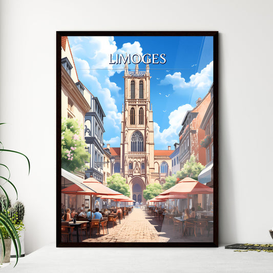 Limoges, France - Art print of a street with tables and people sitting at tables outside Framed Art