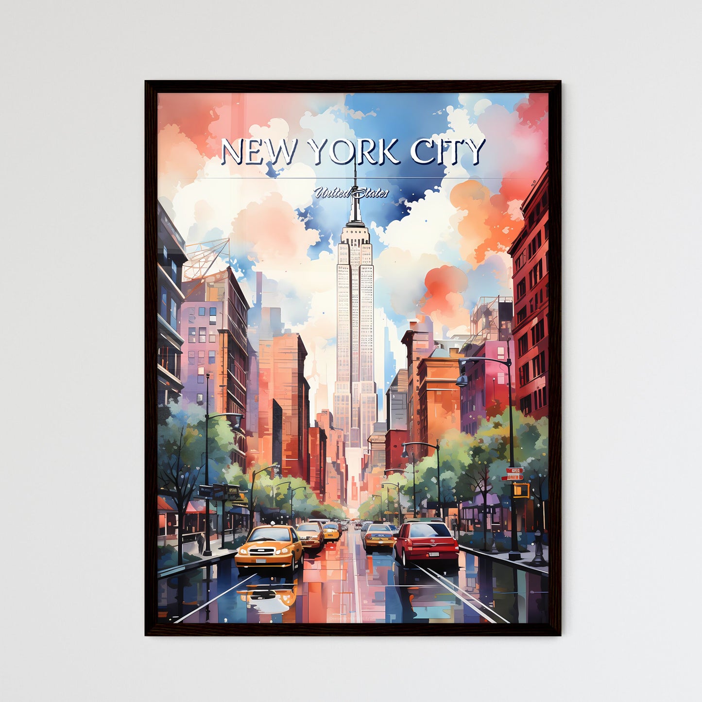 New York City - Art print of a street with cars and buildings in the background Framed Art