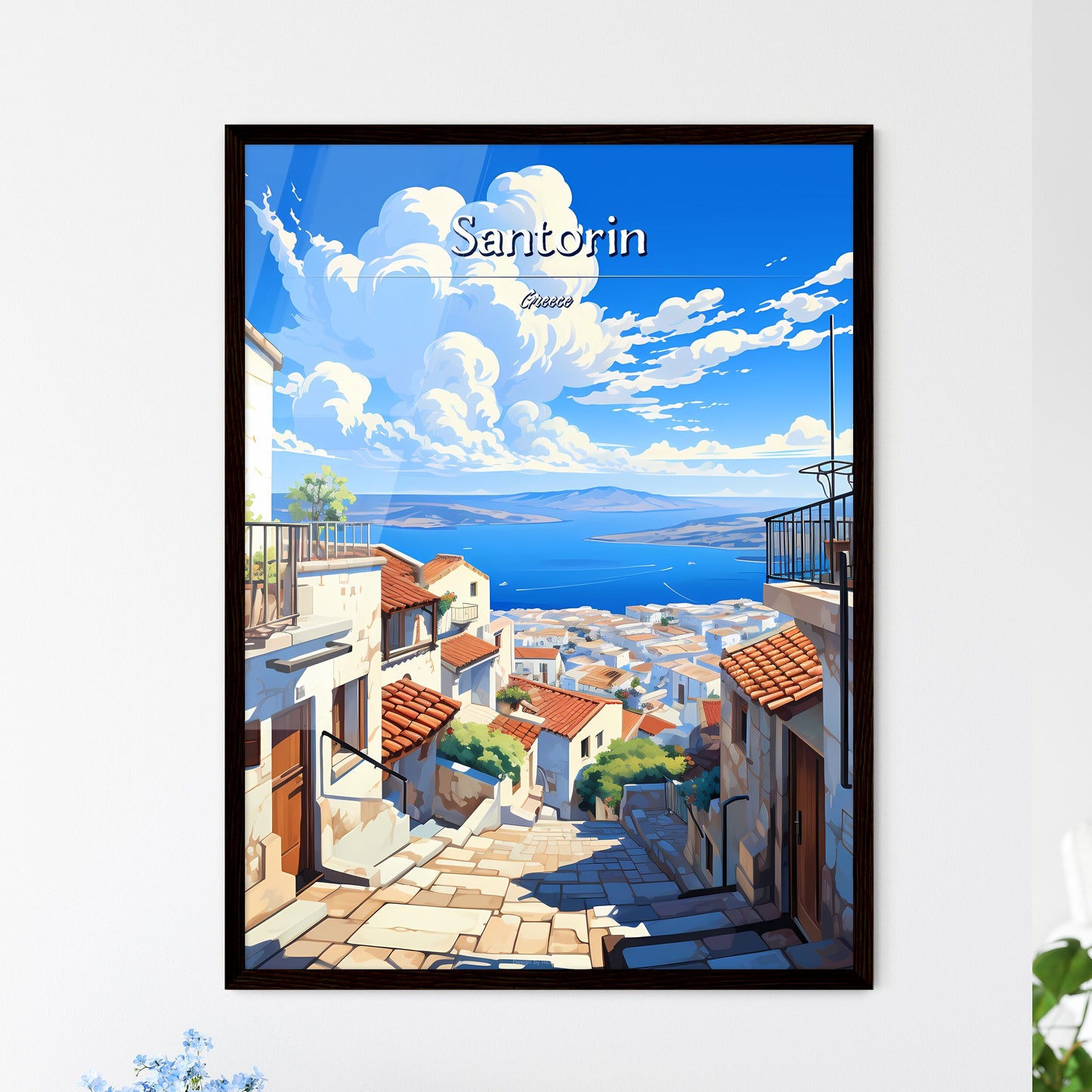 On the roofs of Santorin, Greece - Art print of a street with buildings and a body of water Framed Art