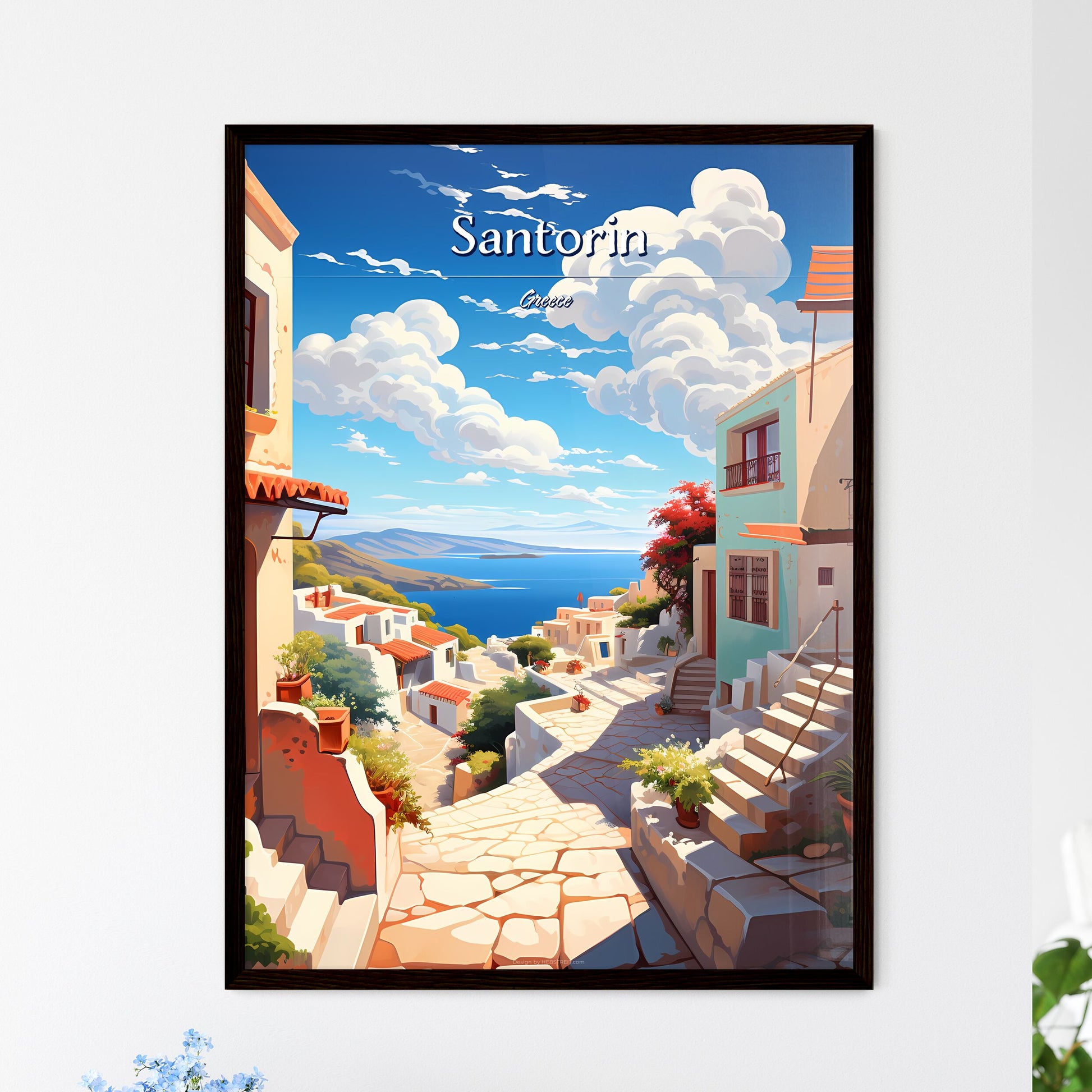 Santorin, Greece - Art print of a street with buildings and a body of water Framed Art