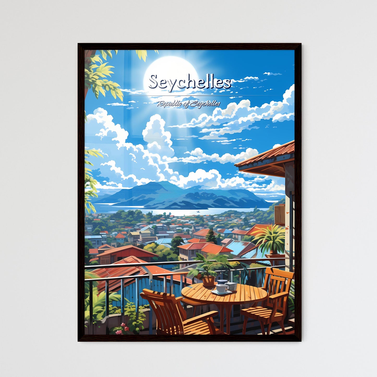 On the roofs of Seychelles, Republic of Seychelles - Art print of a view of a city from a balcony Framed Art