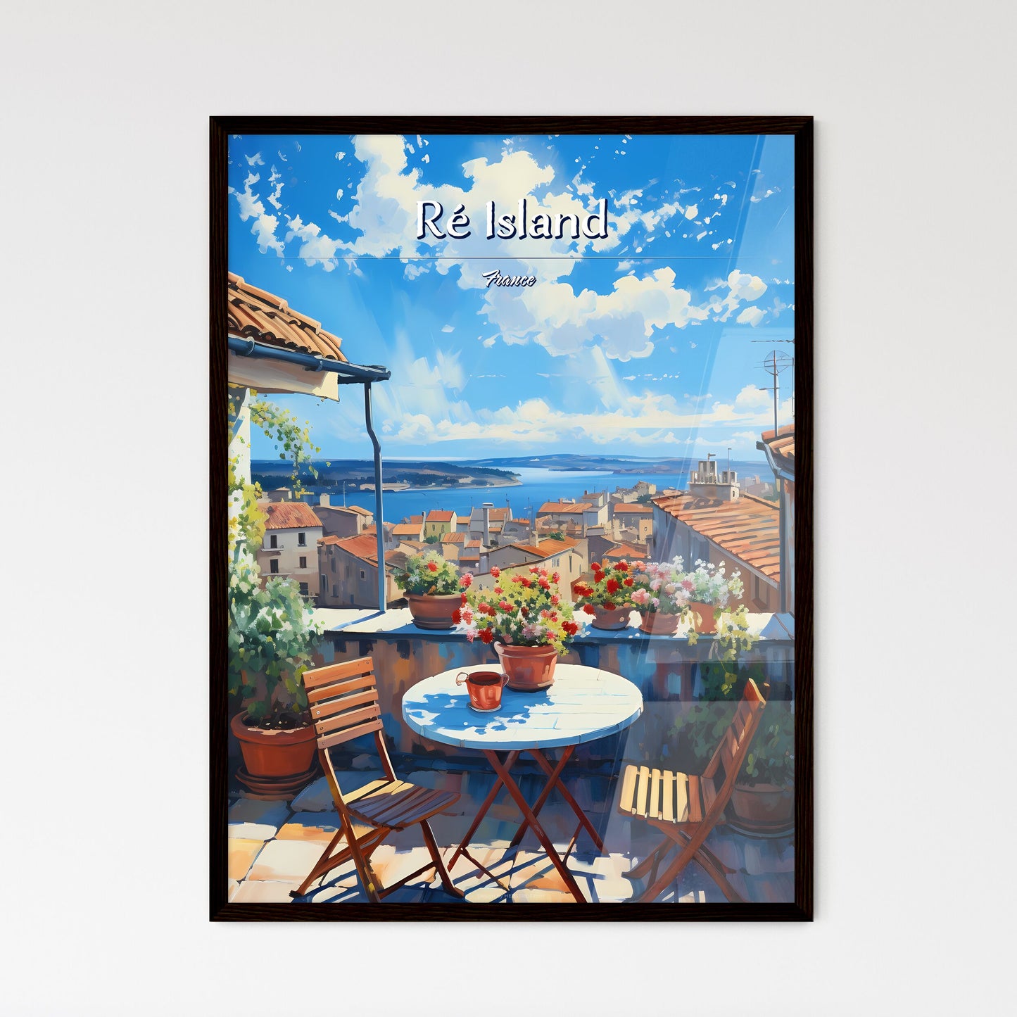 On the roofs of Ré Island, France - Art print of a table and chairs on a rooftop overlooking a city Framed Art