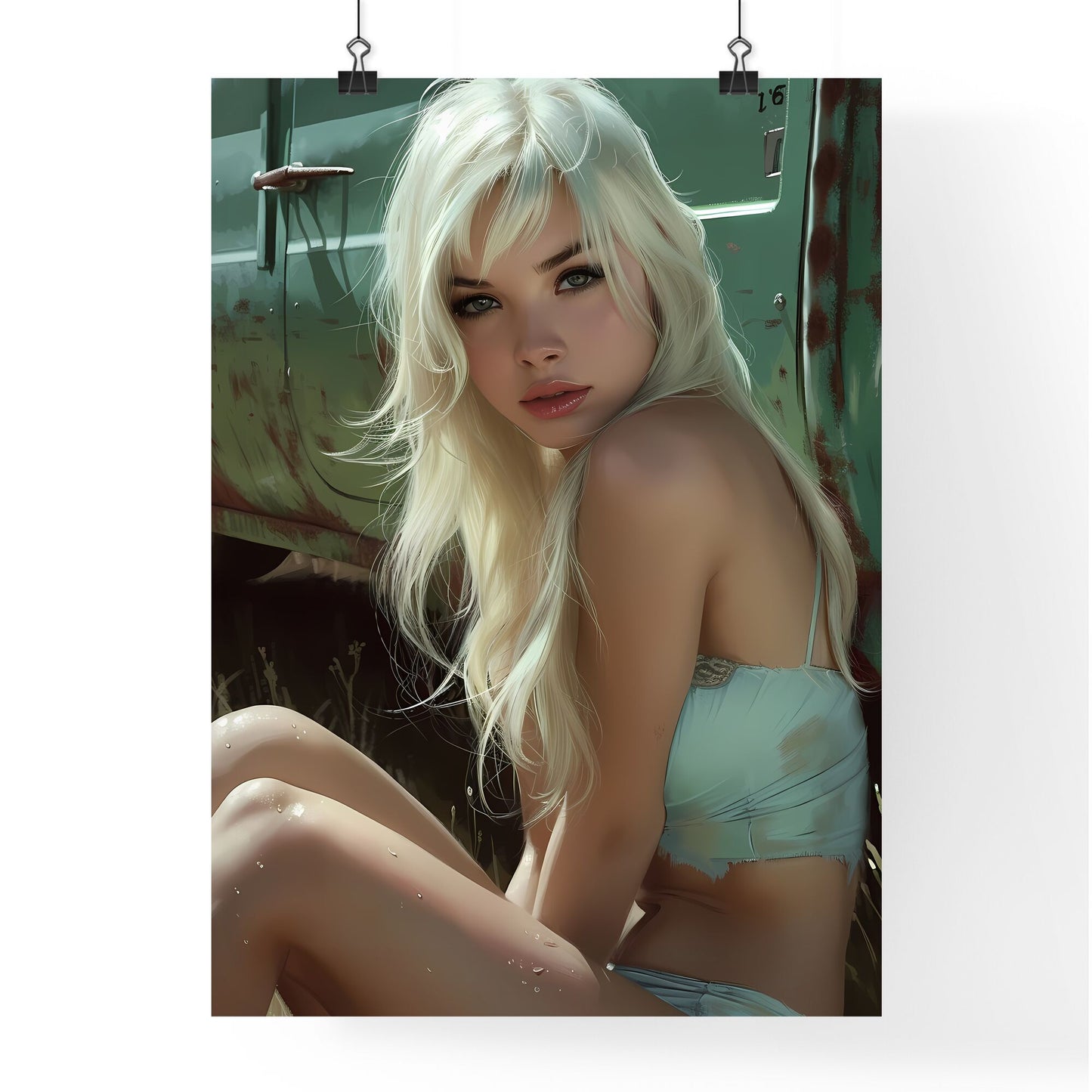 Sitting pin up factory worker girl,looking amazing - Art print of a woman sitting in a field Default Title