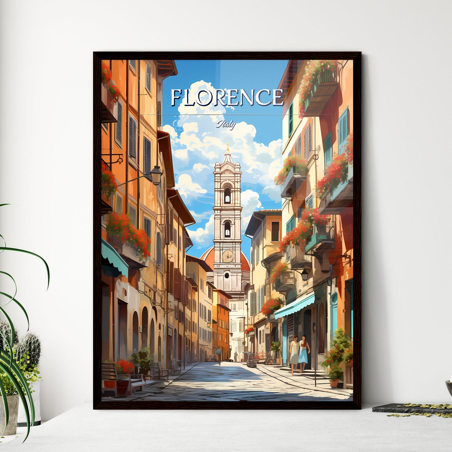 Florence, Italy - Art print of a street with buildings and a clock tower Framed Art
