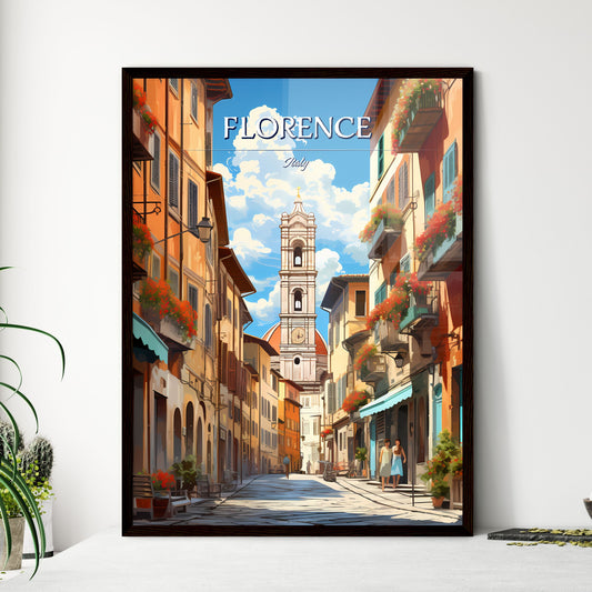 Florence, Italy - Art print of a street with buildings and a clock tower Framed Art