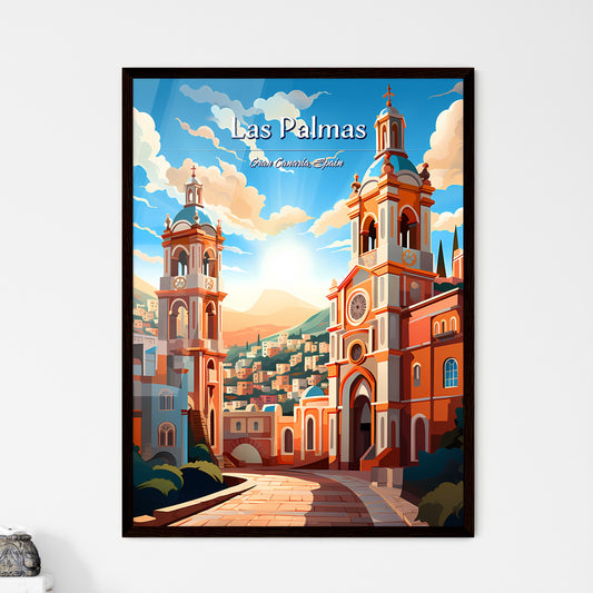 Las Palmas de Gran Canaria, Spain - Art print of a building with towers and a road leading to a city Framed Art
