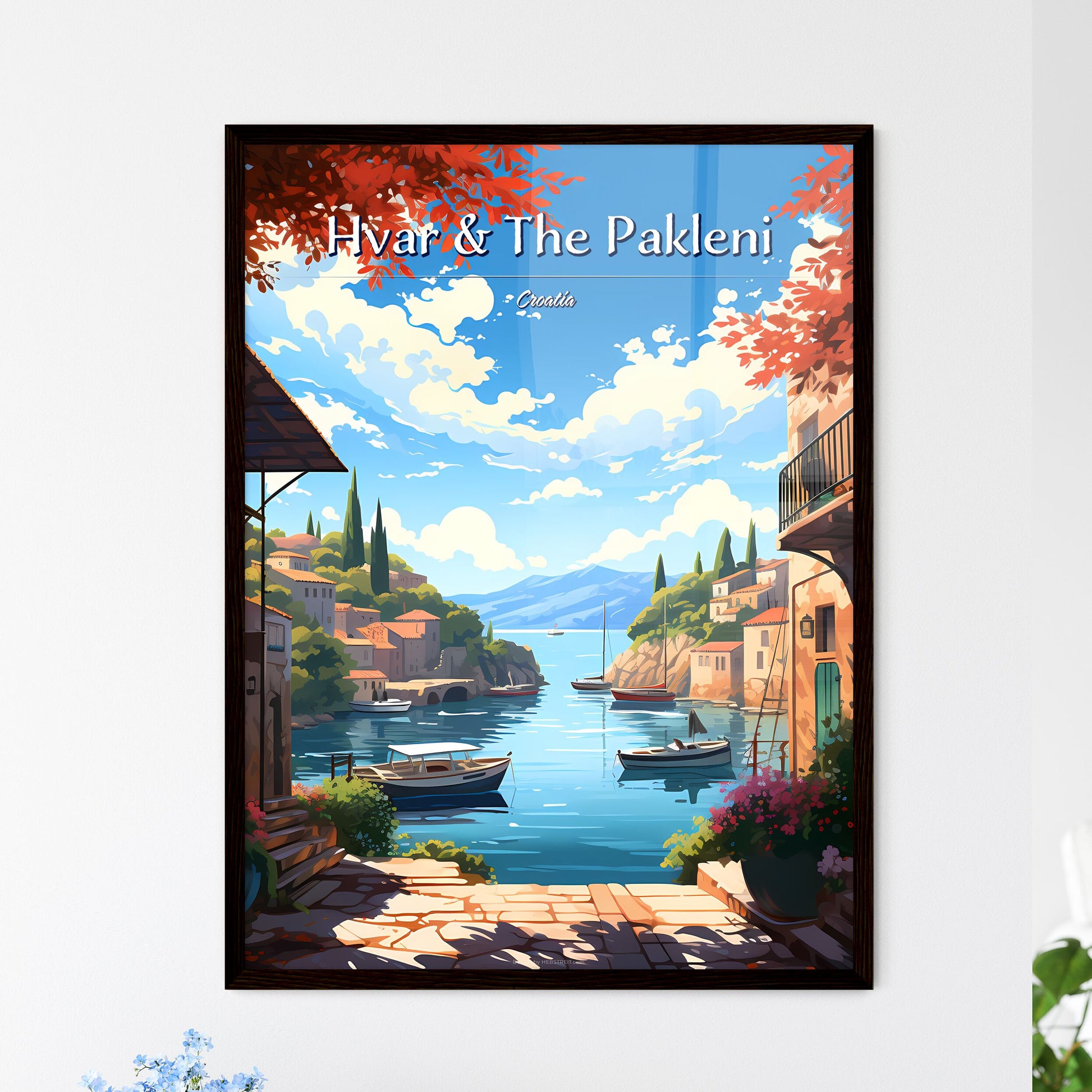 Hvar & The Pakleni Islands, Croatia - Art print of a water way with boats and buildings on the side Framed Art