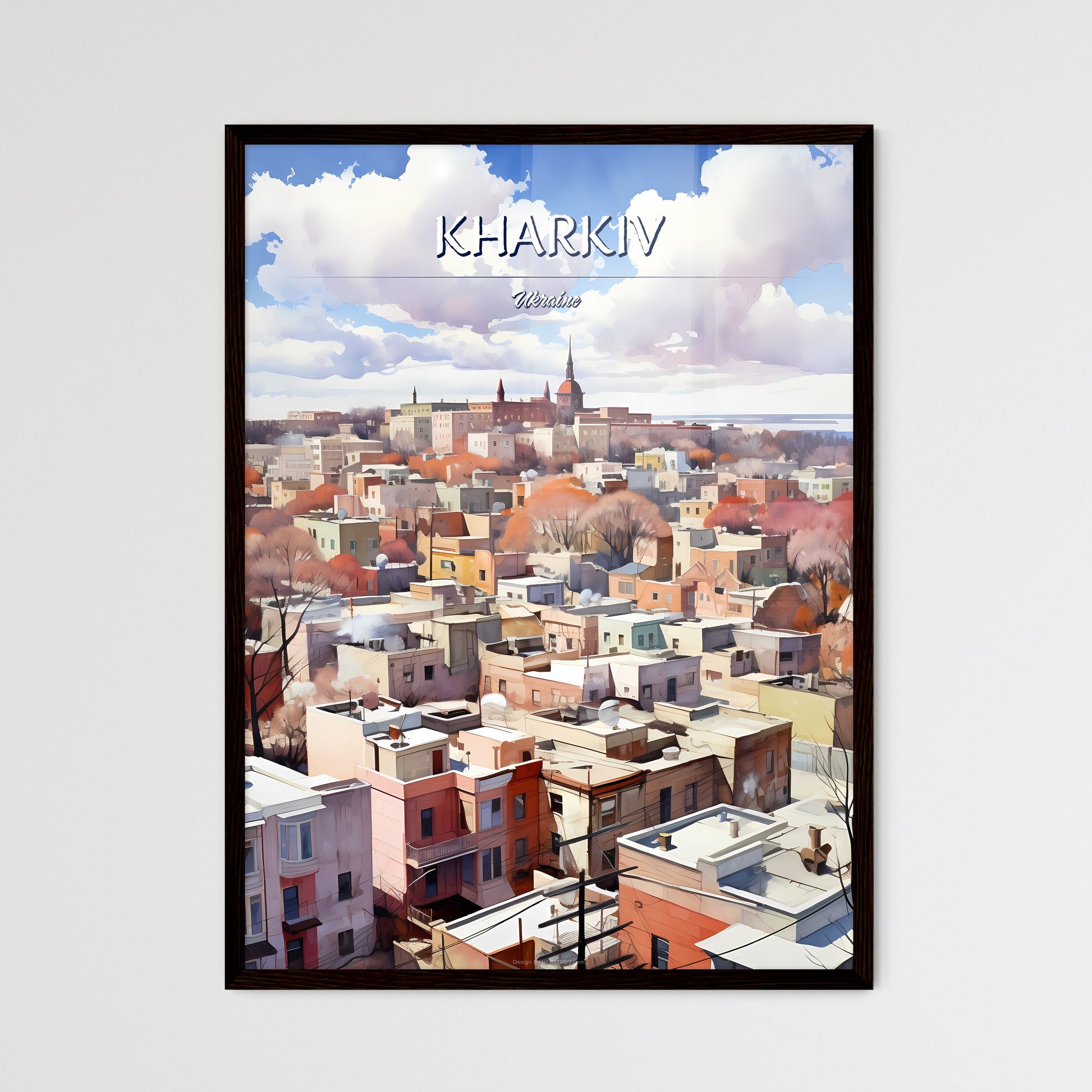 Kharkiv, Ukraine - Art print of a city with many buildings and trees Framed Art
