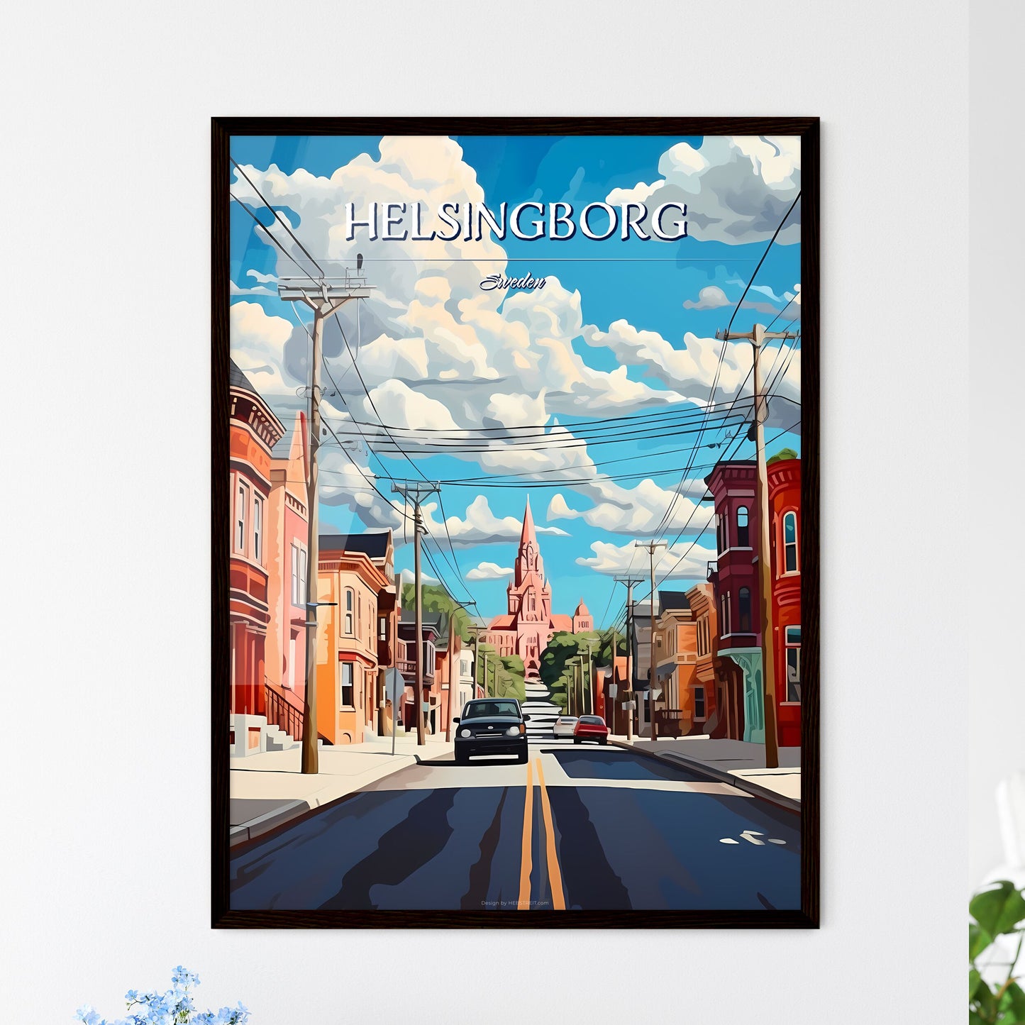 Helsingborg, Sweden, - Art print of a street with cars and buildings Framed Art