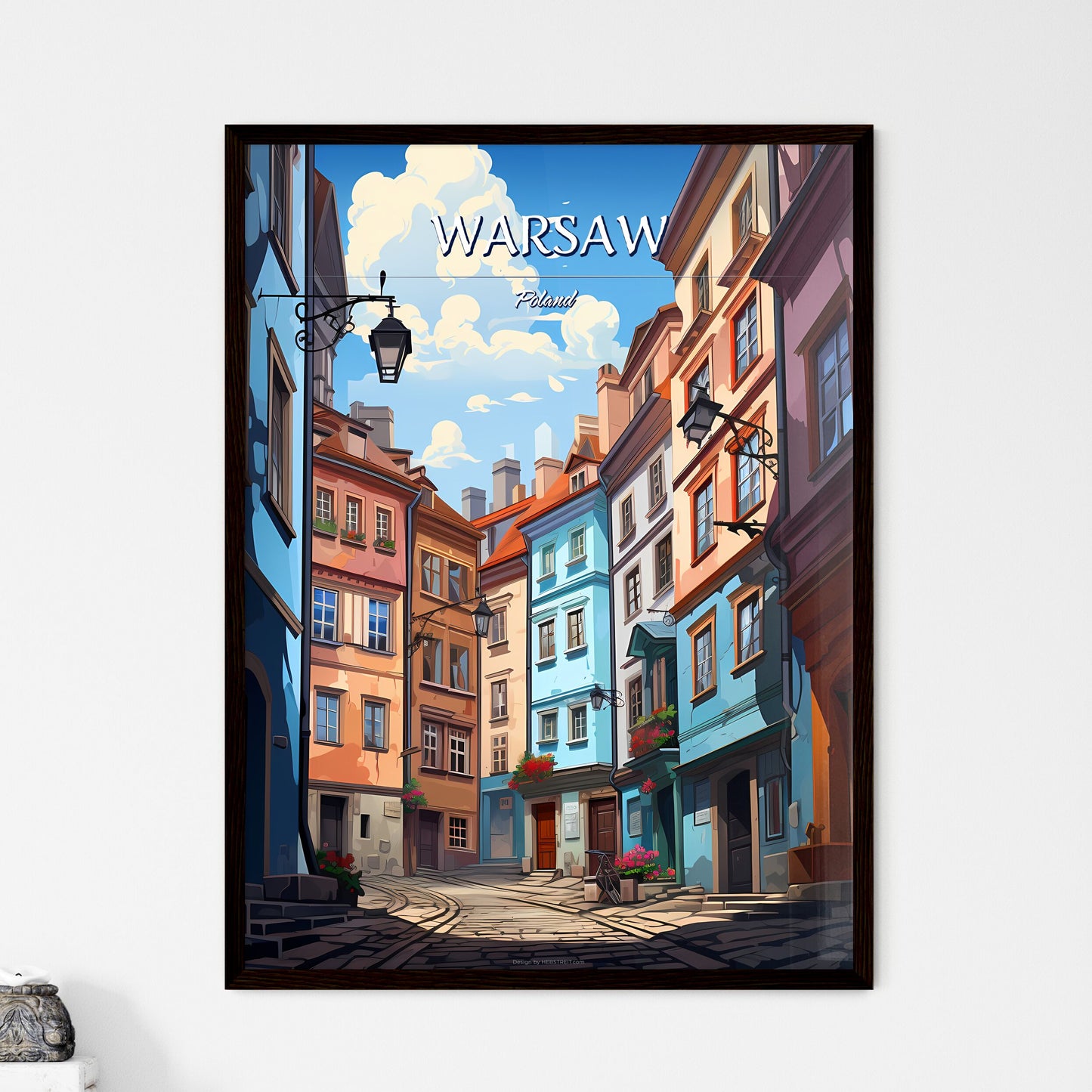 Warsaw, Poland - Art print of a street with buildings and a bicycle Framed Art