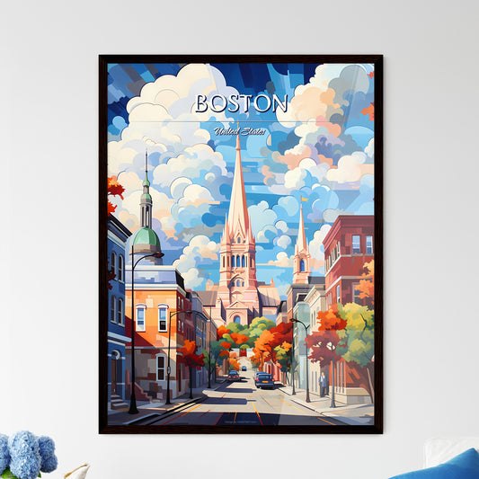 Boston - Art print of a street with a church and buildings Framed Art