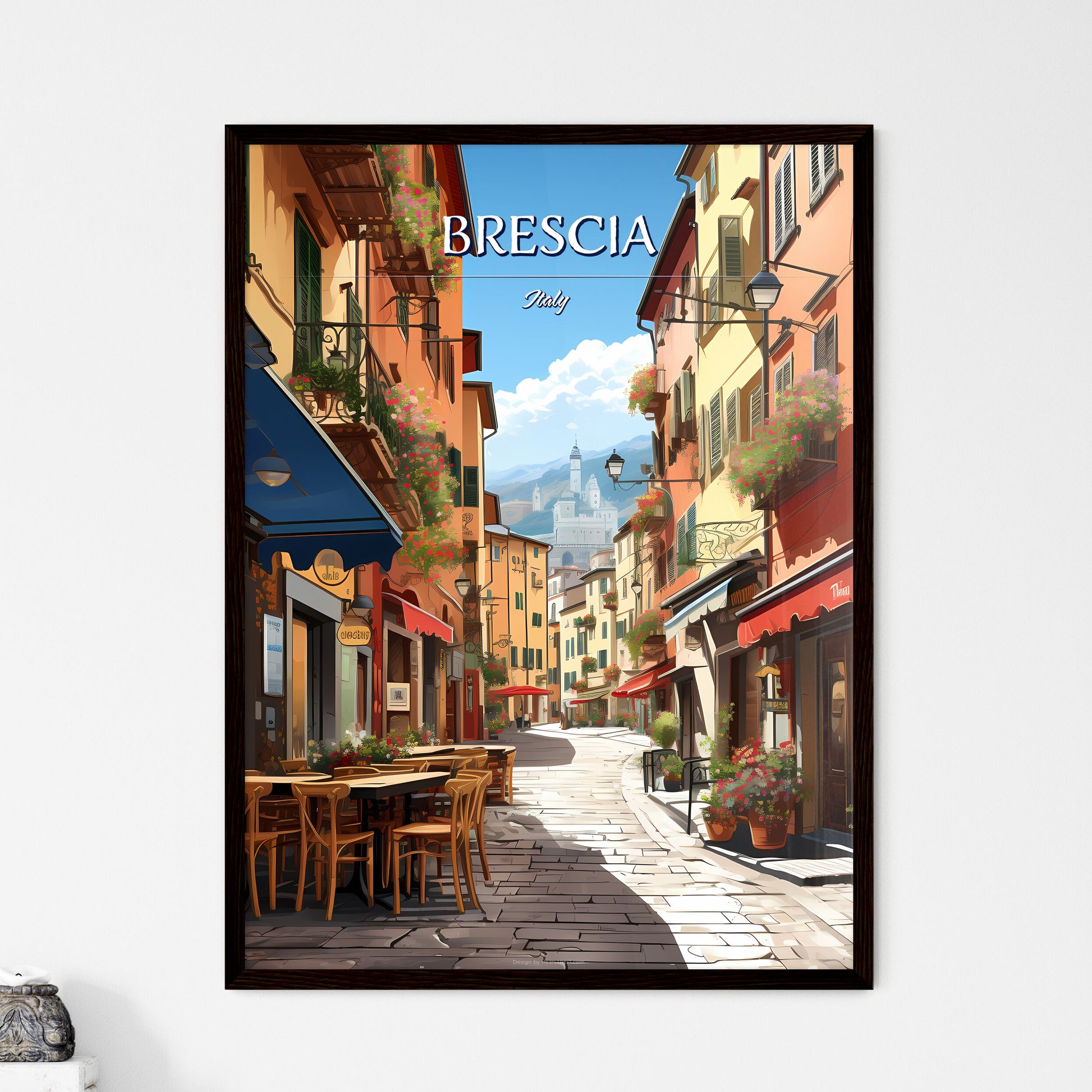 Brescia, Italy - Art print of a street with tables and chairs in front of buildings Framed Art