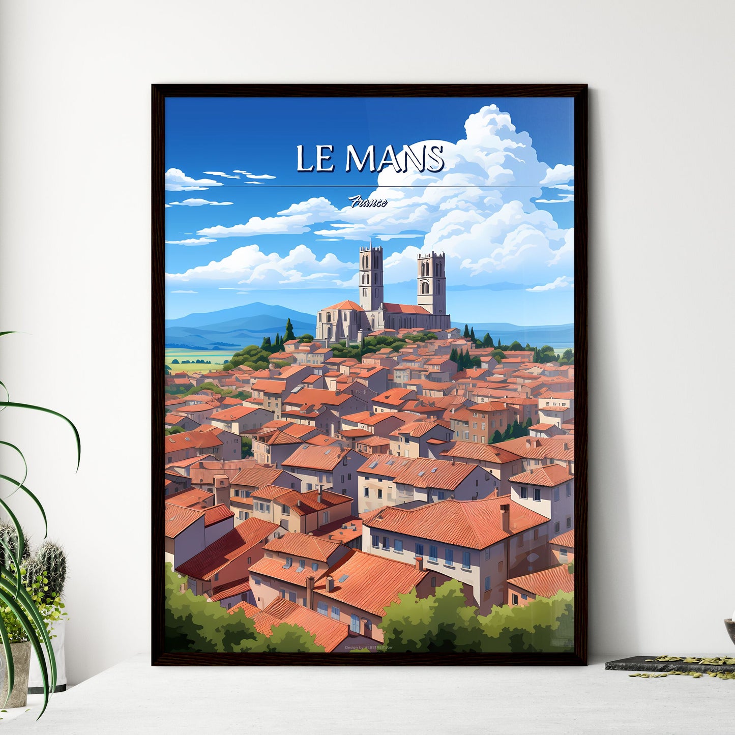 Le Mans, France - Art print of a city with red roofs and a church on top Framed Art