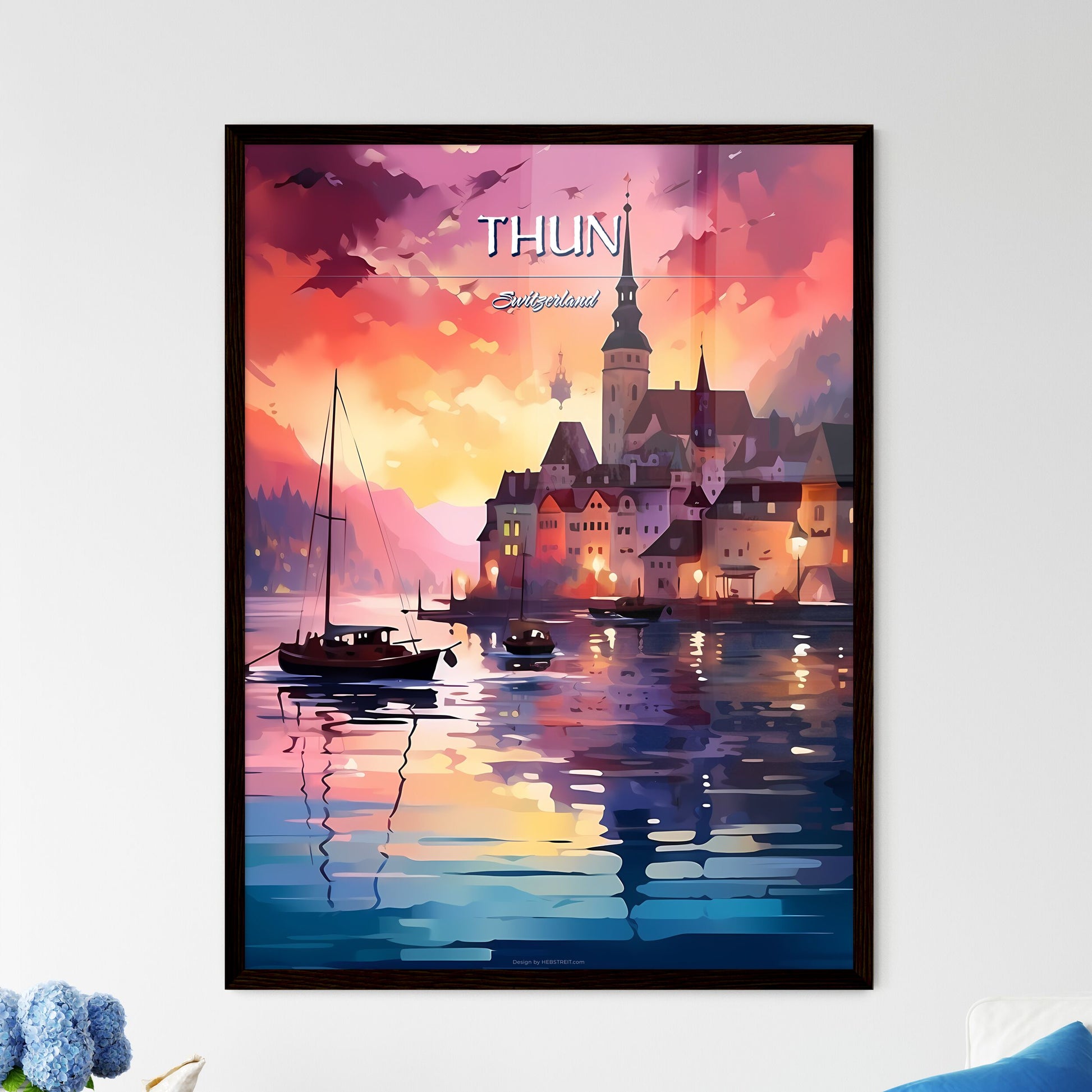Thun, Switzerland - Art print of a painting of a town on a lake Framed Art