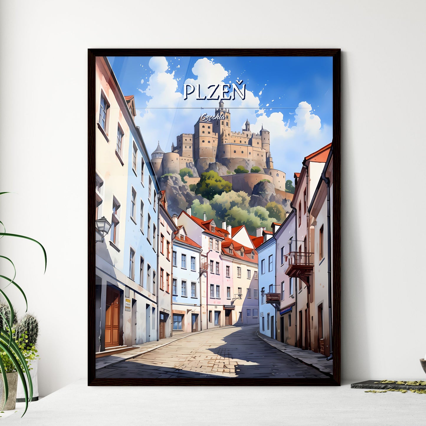Plzeň, Czechia - Art print of a street with buildings and a castle in the background Framed Art