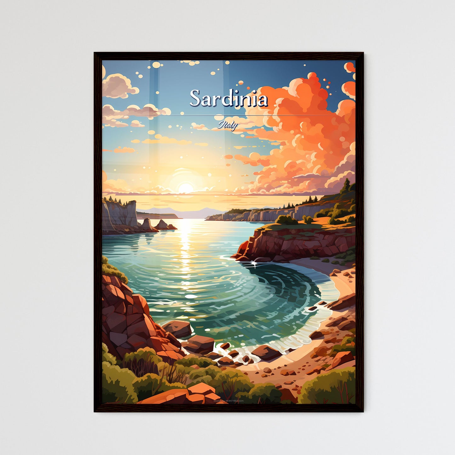 Sardinia, Italy - Art print of a landscape of a body of water with a rocky beach and trees Default Title
