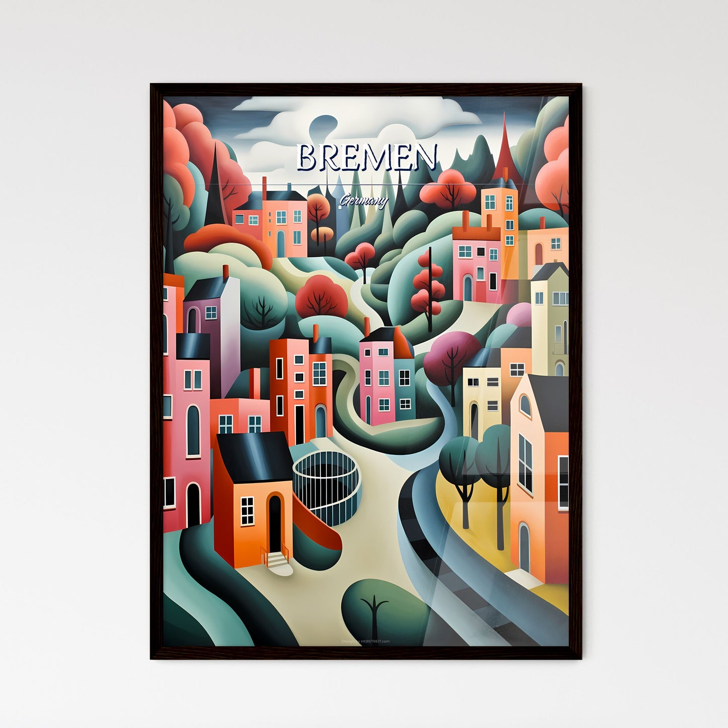 Bremen, Germany - Art print of a painting of a colorful town Framed Art