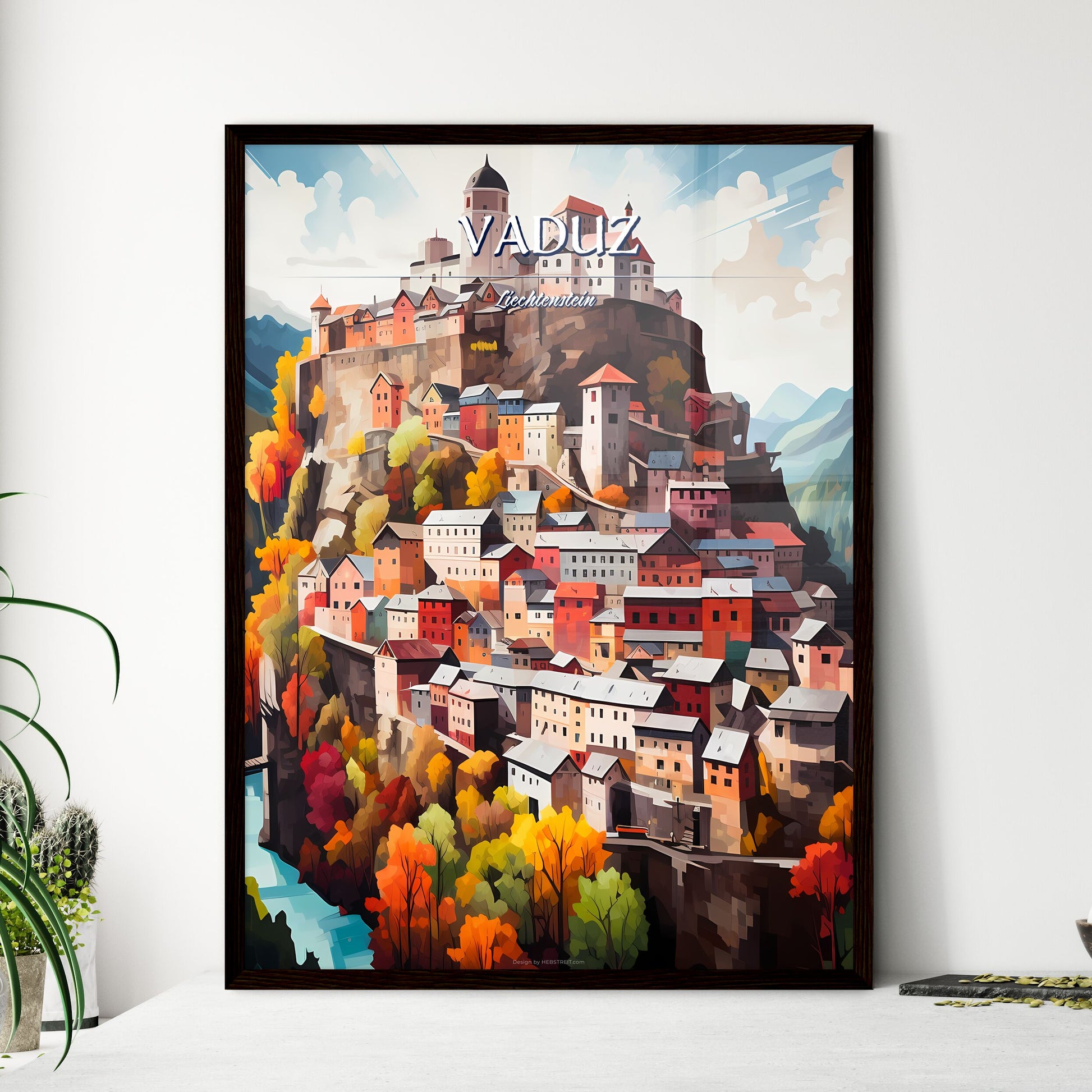 Vaduz, Liechtenstein - Art print of a painting of a town on a mountain Framed Art