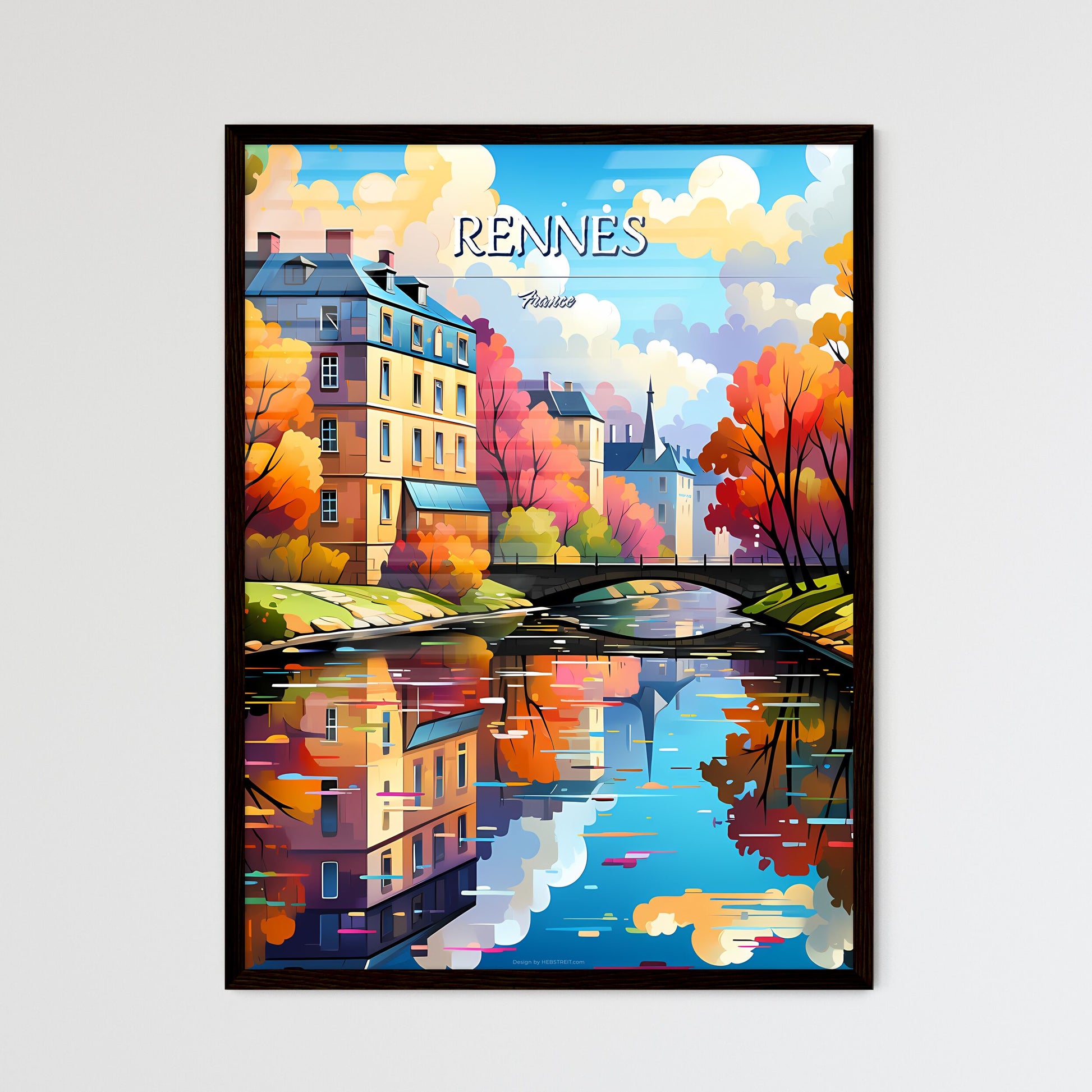Rennes, France - Art print of a water body with a bridge and trees and buildings Framed Art