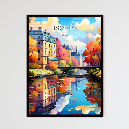 Rennes, France - Art print of a water body with a bridge and trees and buildings Framed Art