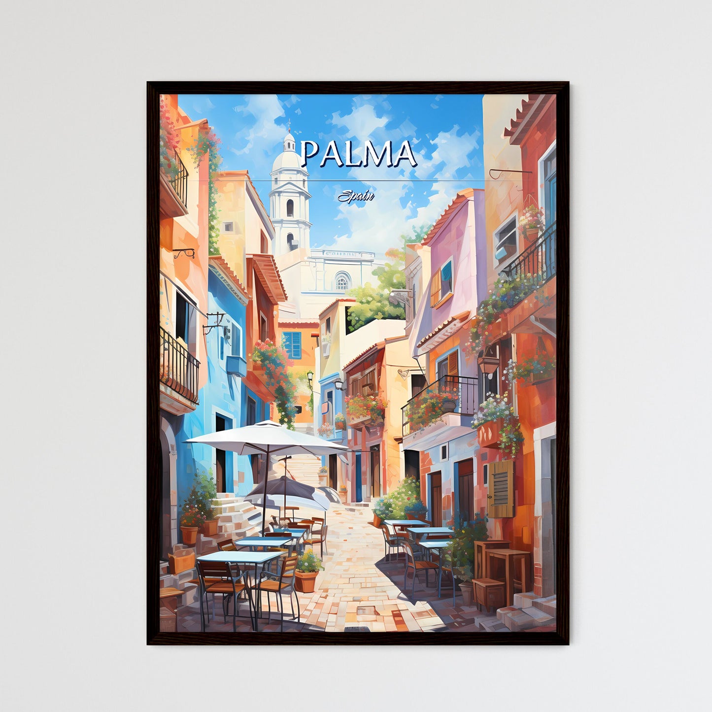 Palma, Spain - Art print of a colorful alley with tables and chairs Framed Art
