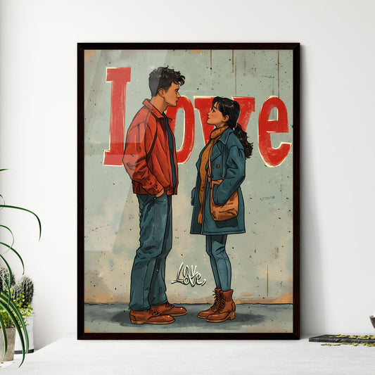 Cute pastel Love illustration - Art print of a man and woman standing in front of a sign Default Title