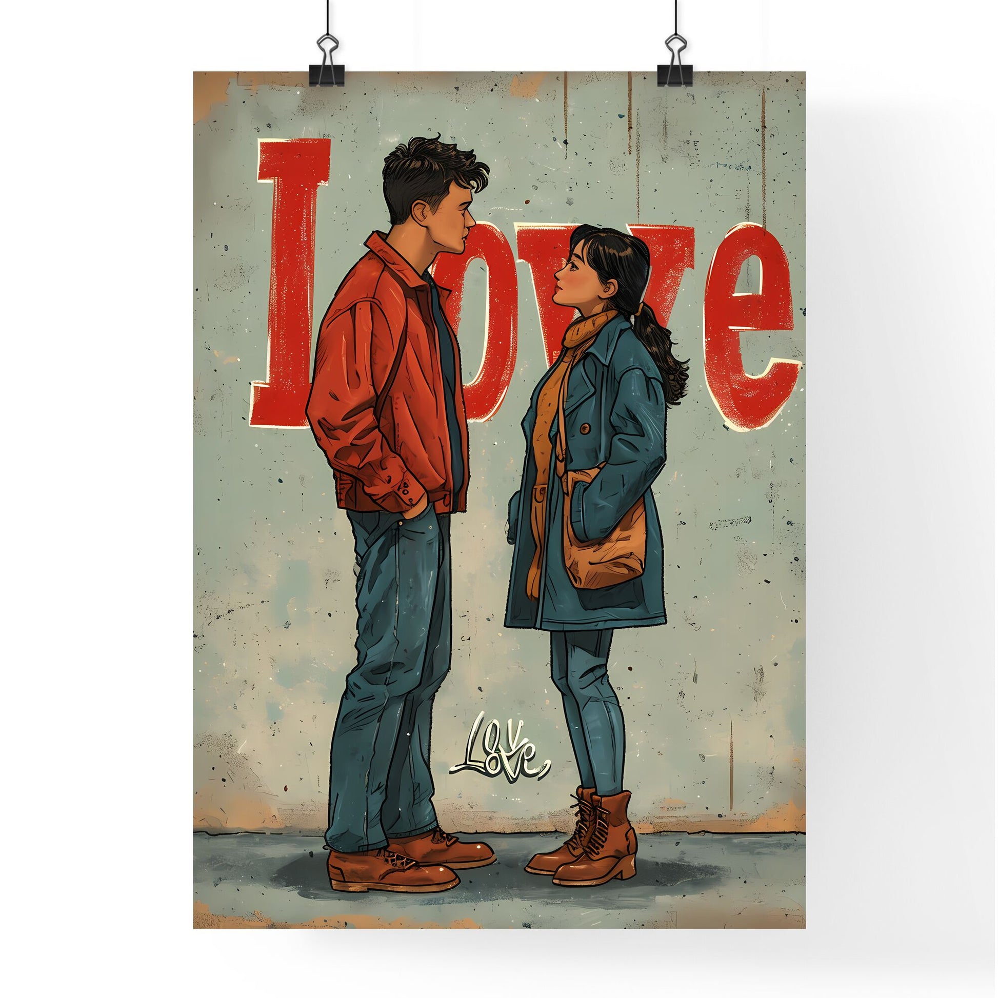 Cute pastel Love illustration - Art print of a man and woman standing in front of a sign Default Title