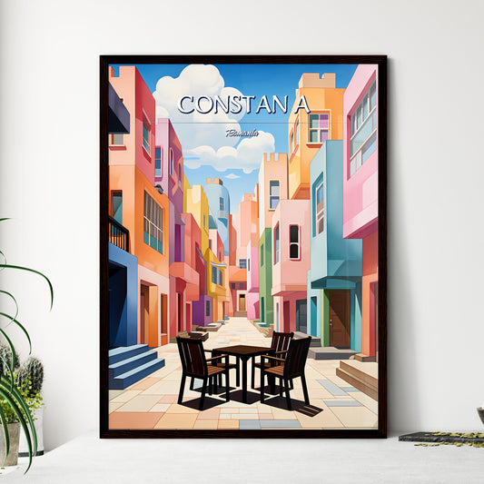 Constanța, Romania - Art print of a colorful buildings with chairs and tables with Willemstad in the background Framed Art