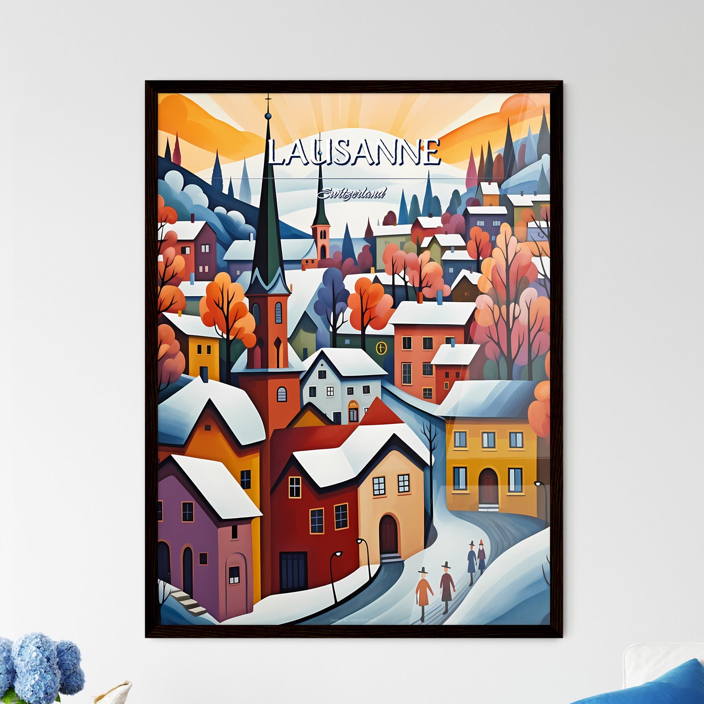 Lausanne, Switzerland - Art print of a painting of a town with snow on the ground Framed Art