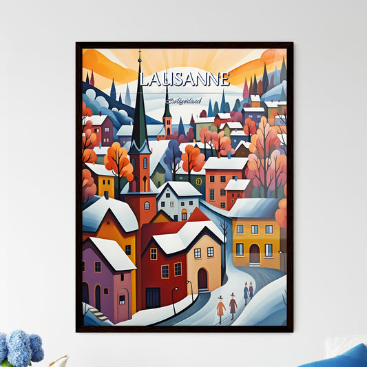Lausanne, Switzerland - Art print of a painting of a town with snow on the ground Framed Art