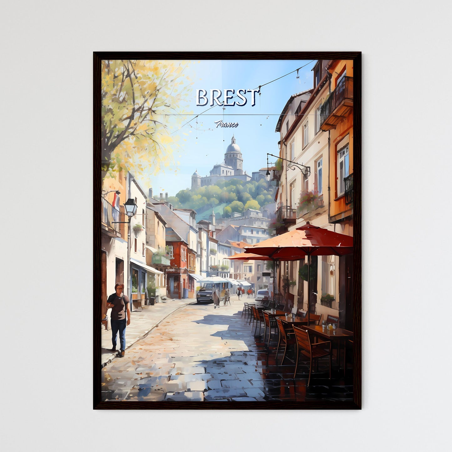 Brest, France - Art print of a street with tables and chairs and a building in the background Framed Art