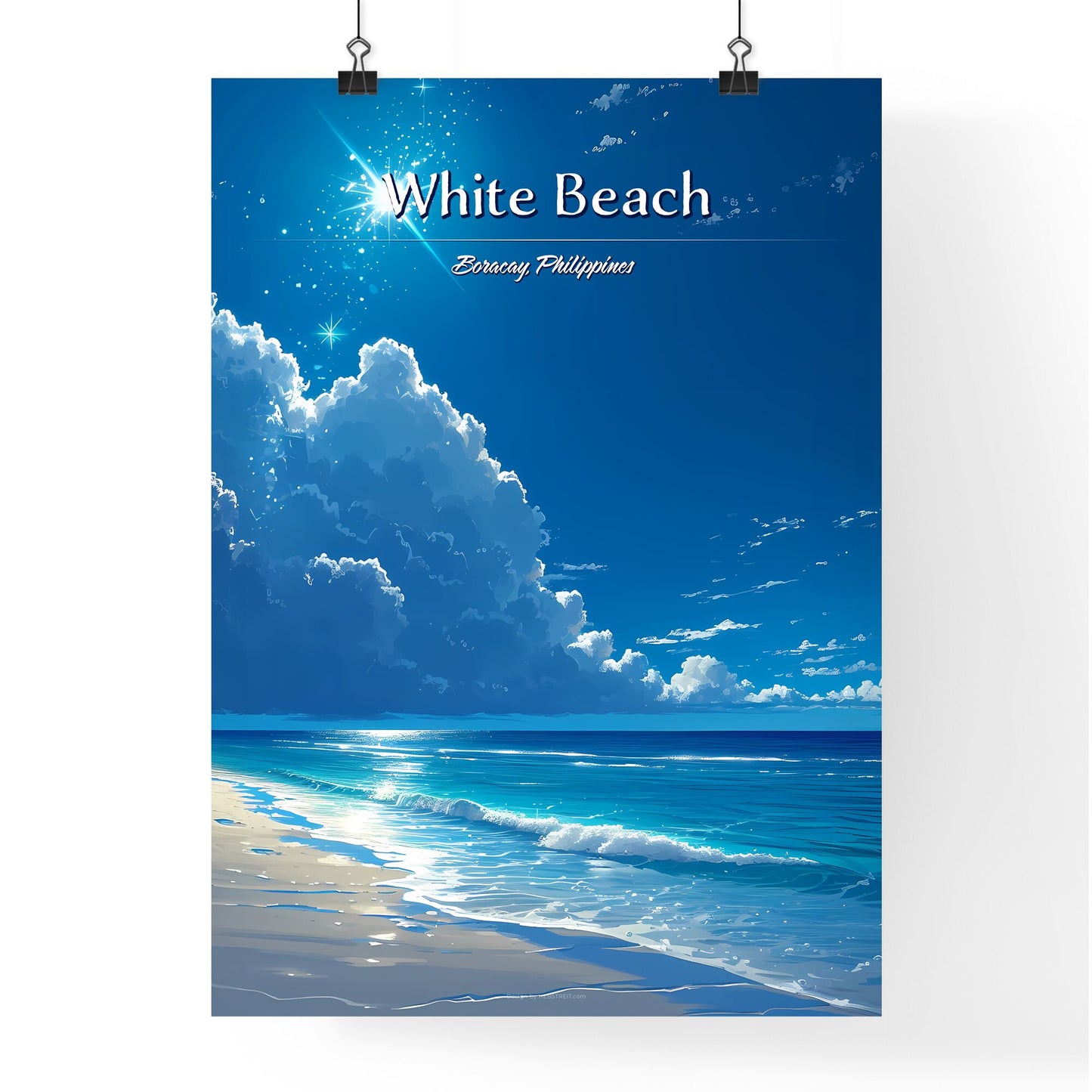 White Beach (Boracay), Philippines - Art print of a beach with a sandy beach and blue water and clouds Default Title