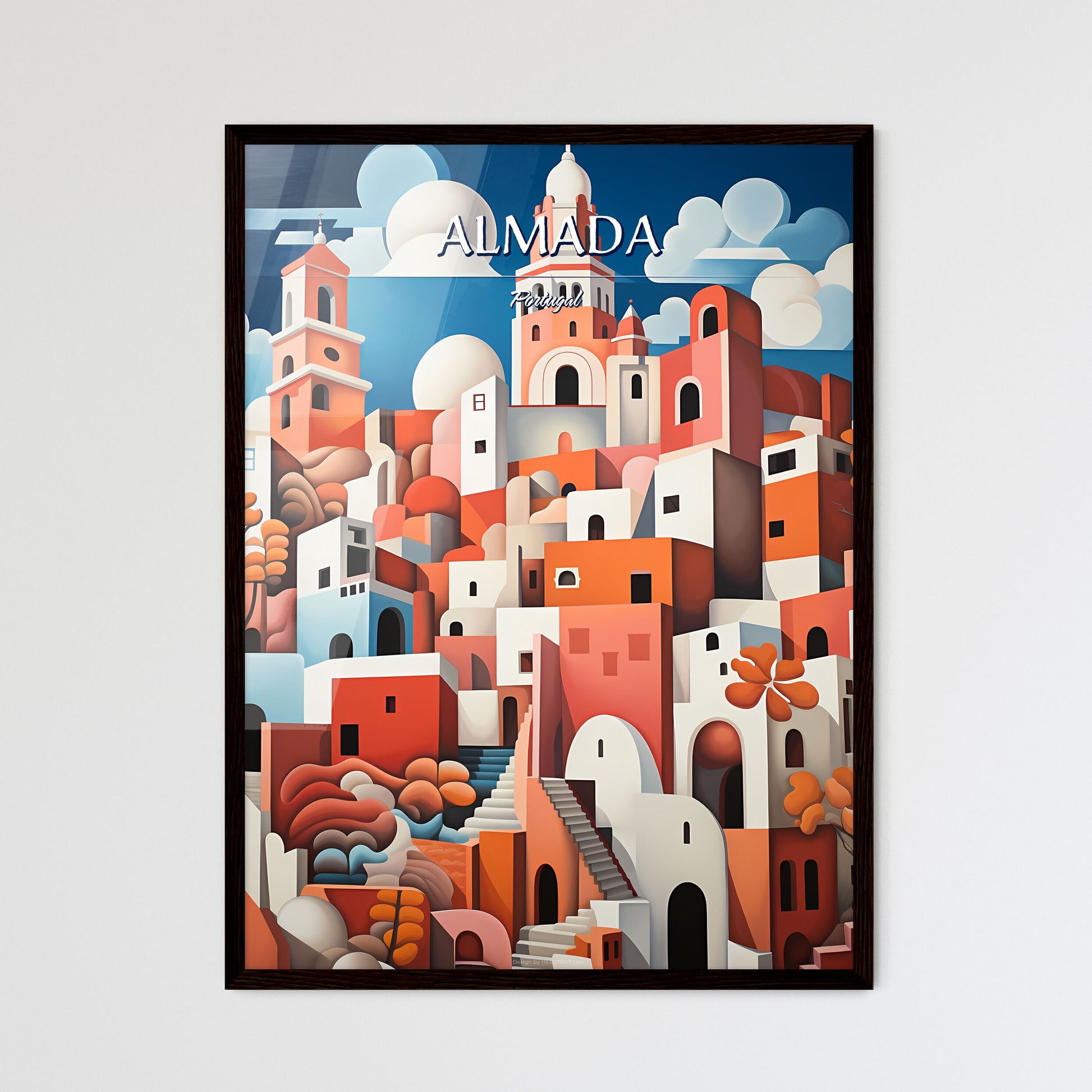 Almada, Portugal - Art print of a painting of a city Framed Art