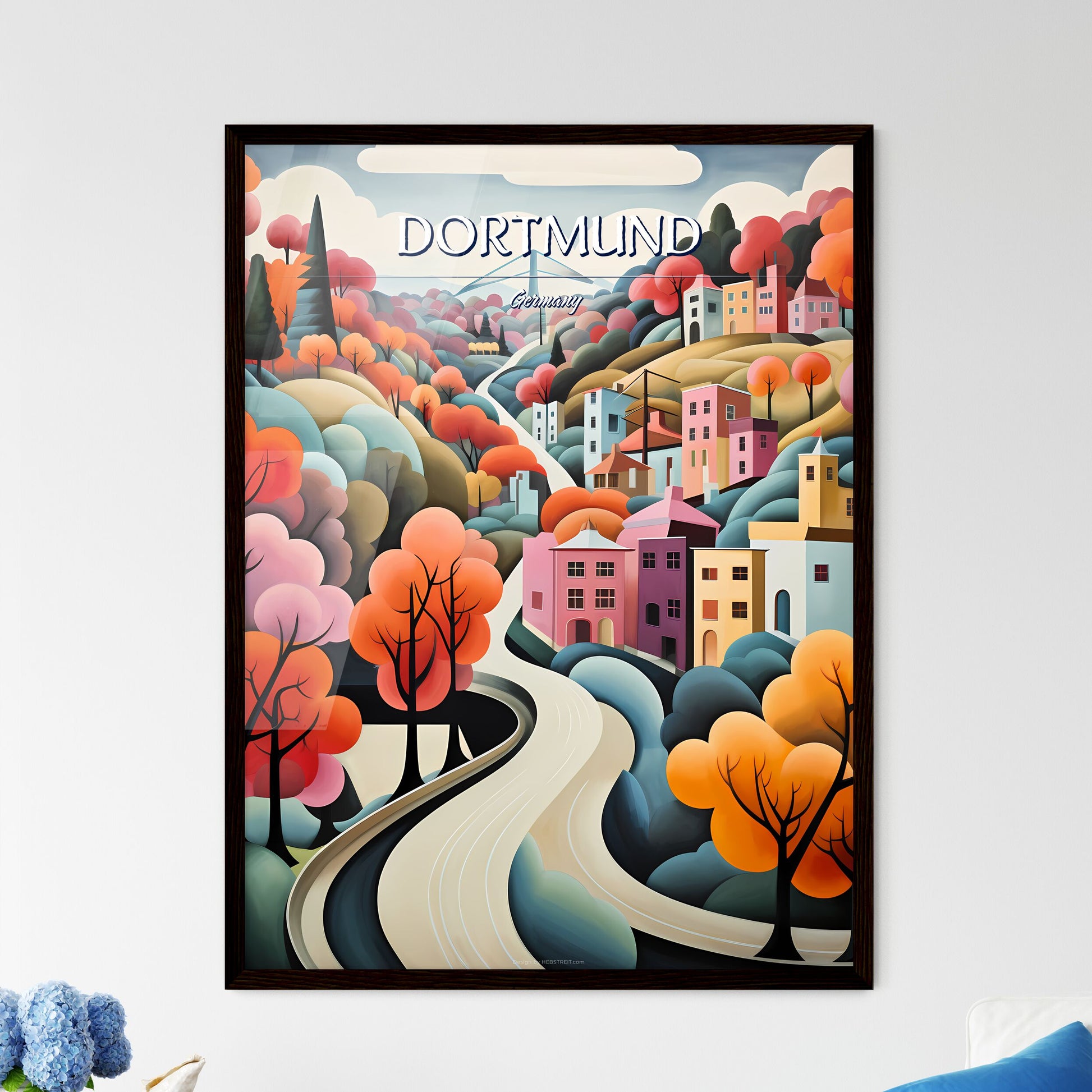Dortmund, Germany - Art print of a painting of a town with trees and a road Framed Art